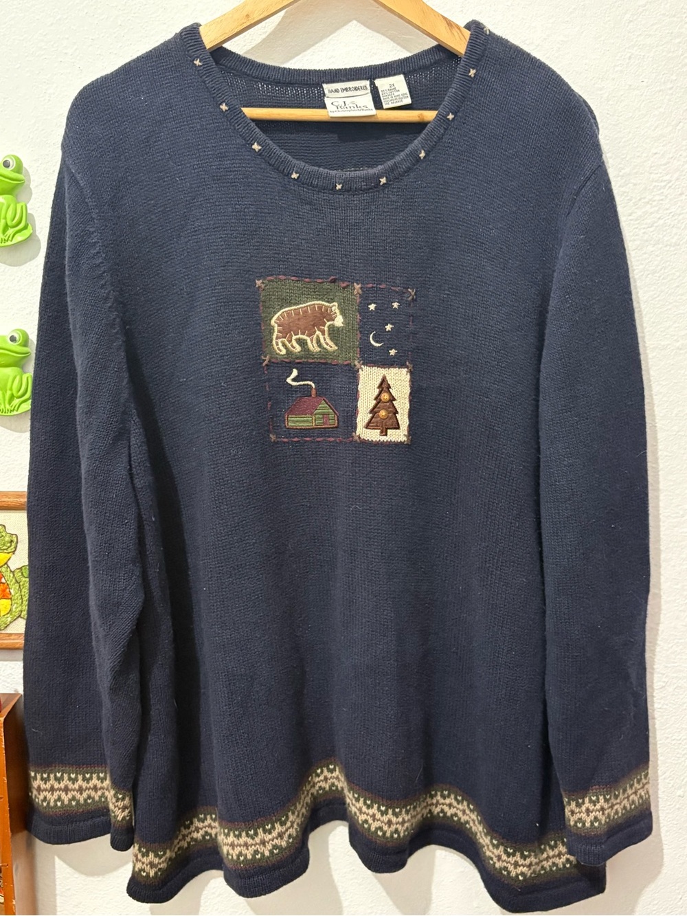 Vintage Hand Embroidered Navy Cottagecore Cotton Blend Fall Layering Sweater